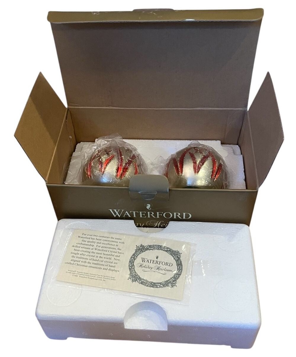 Waterford Holiday Heirlooms Pair Candlestick Holder Gold Red 2002 In Orig Box